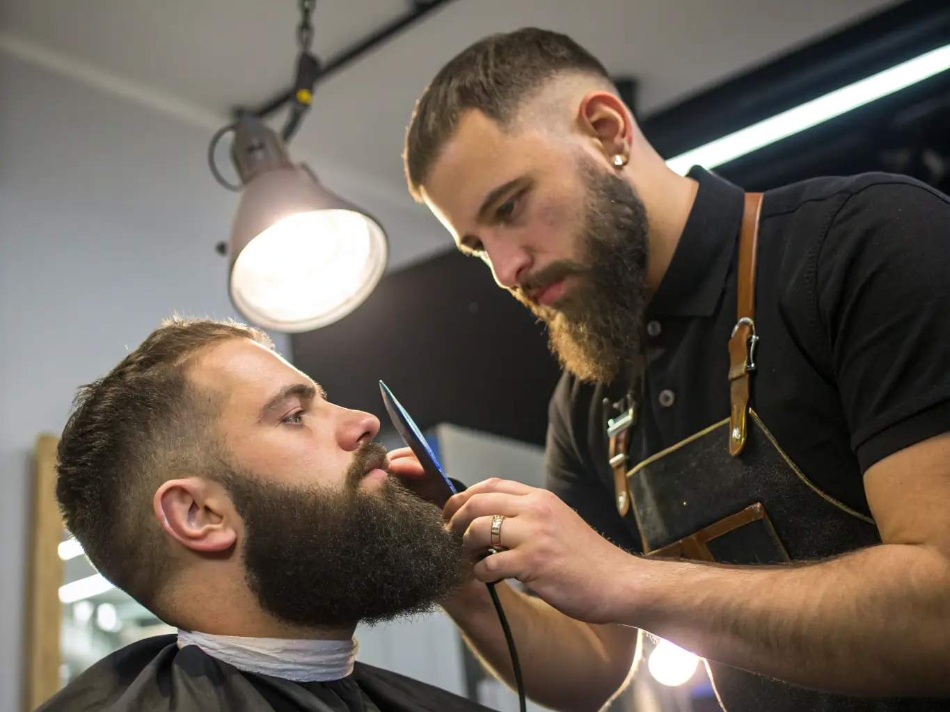 A barber carefully trimming and shaping a client's beard with precision tools, showcasing the attention to detail in beard grooming services.