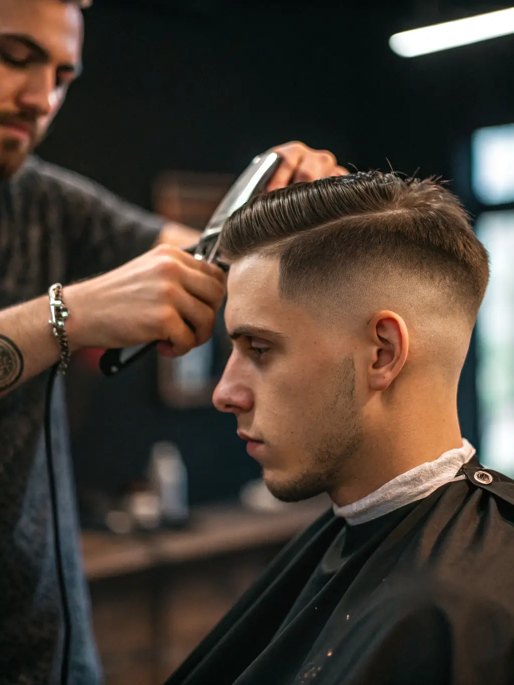A close-up shot of a barber expertly performing a skin fade haircut on a client at Altamonte City Fades, showcasing precision and attention to detail.